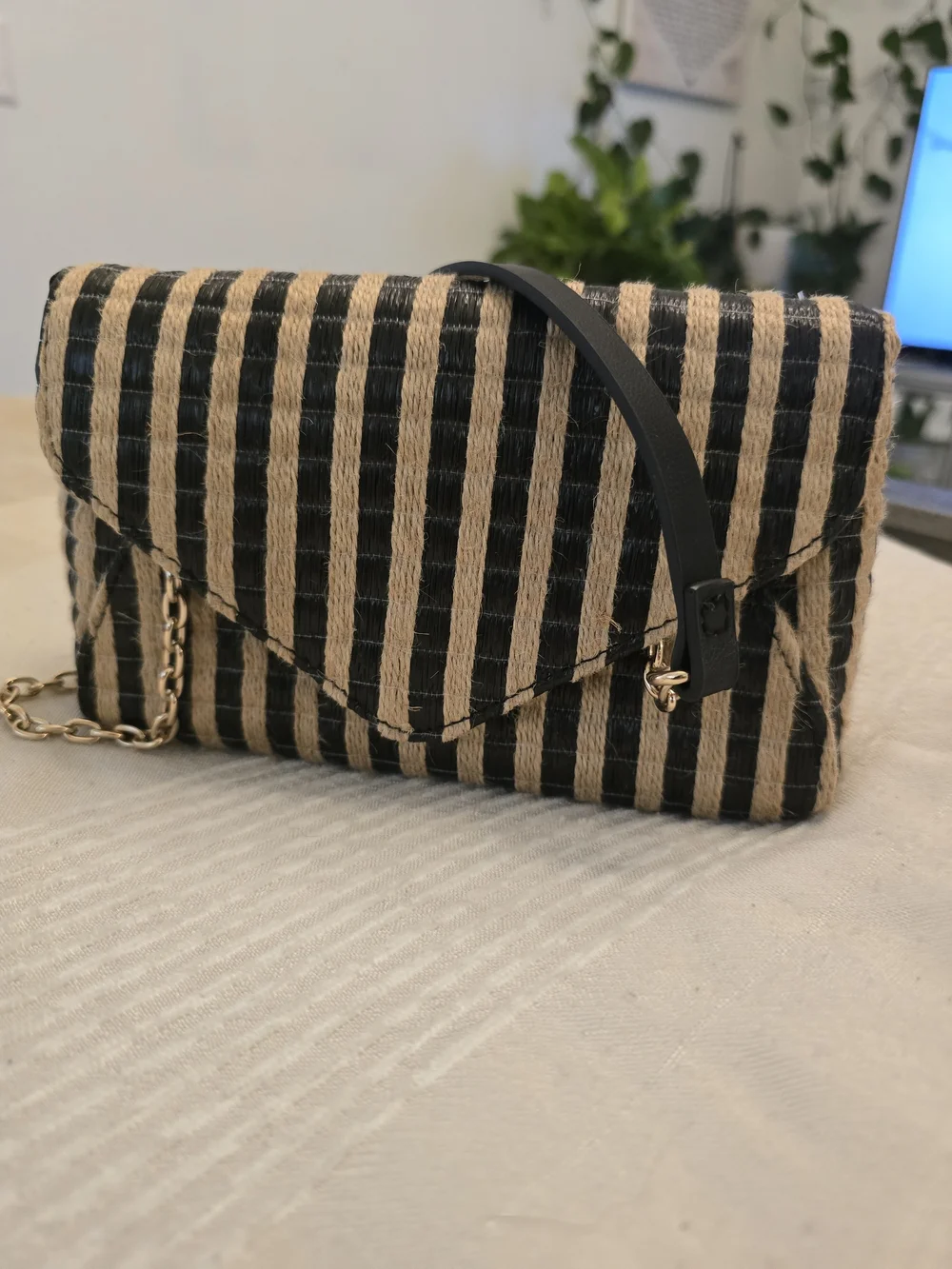 H&M Black and Natural Striped Woven Clutch with Chain Strap